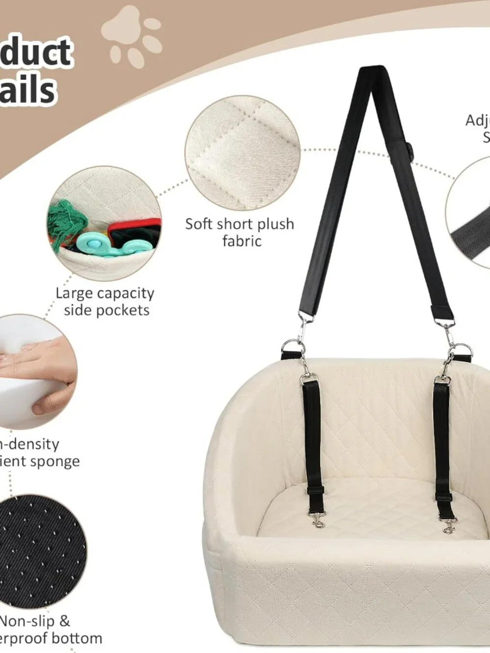 Dog Car Seat for Small/Medium Dogs Under 30lbs, Detachable, Washable, White, New